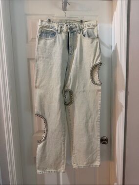 Straight Leg Light Cream Jeans with Rhinestone Cutouts
